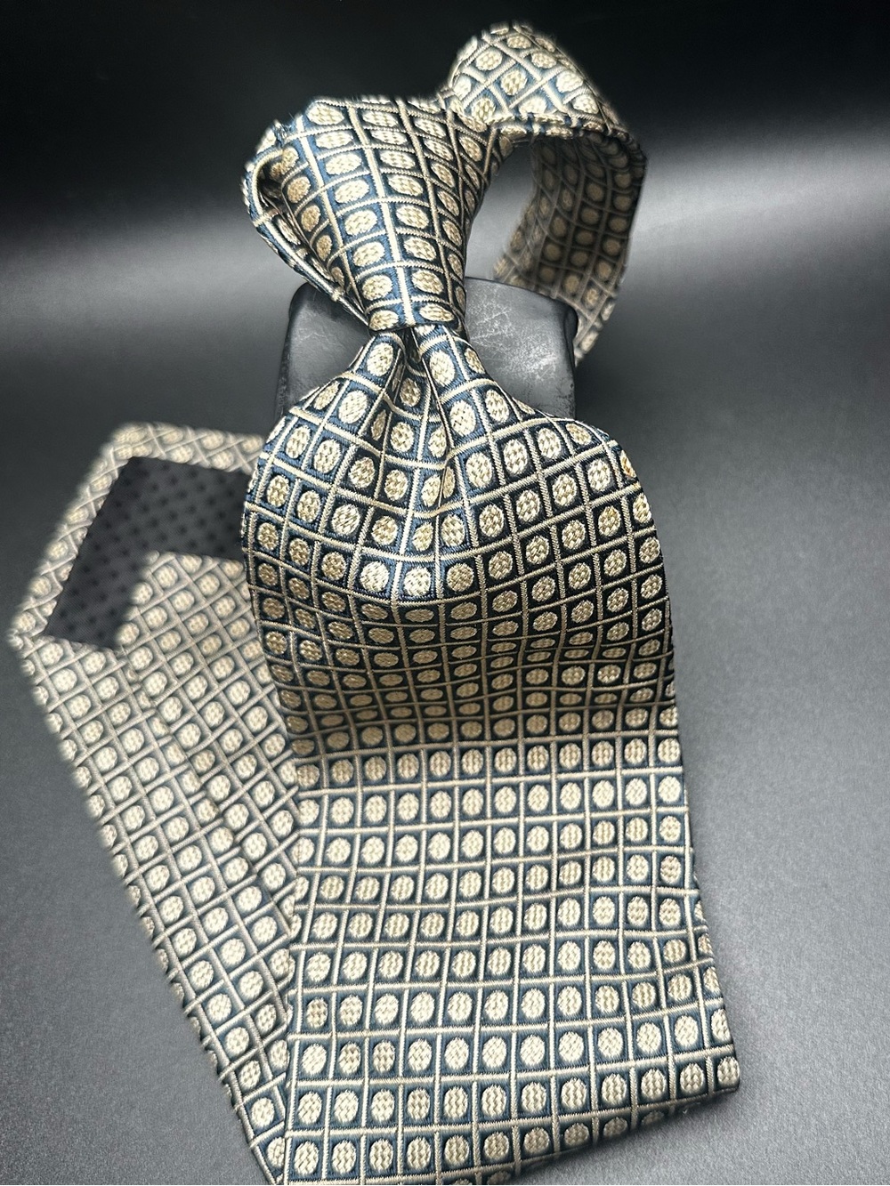 Biella Premier Edition — Navy & Gold Windowpane Dot Grid, Pure Silk from Italy